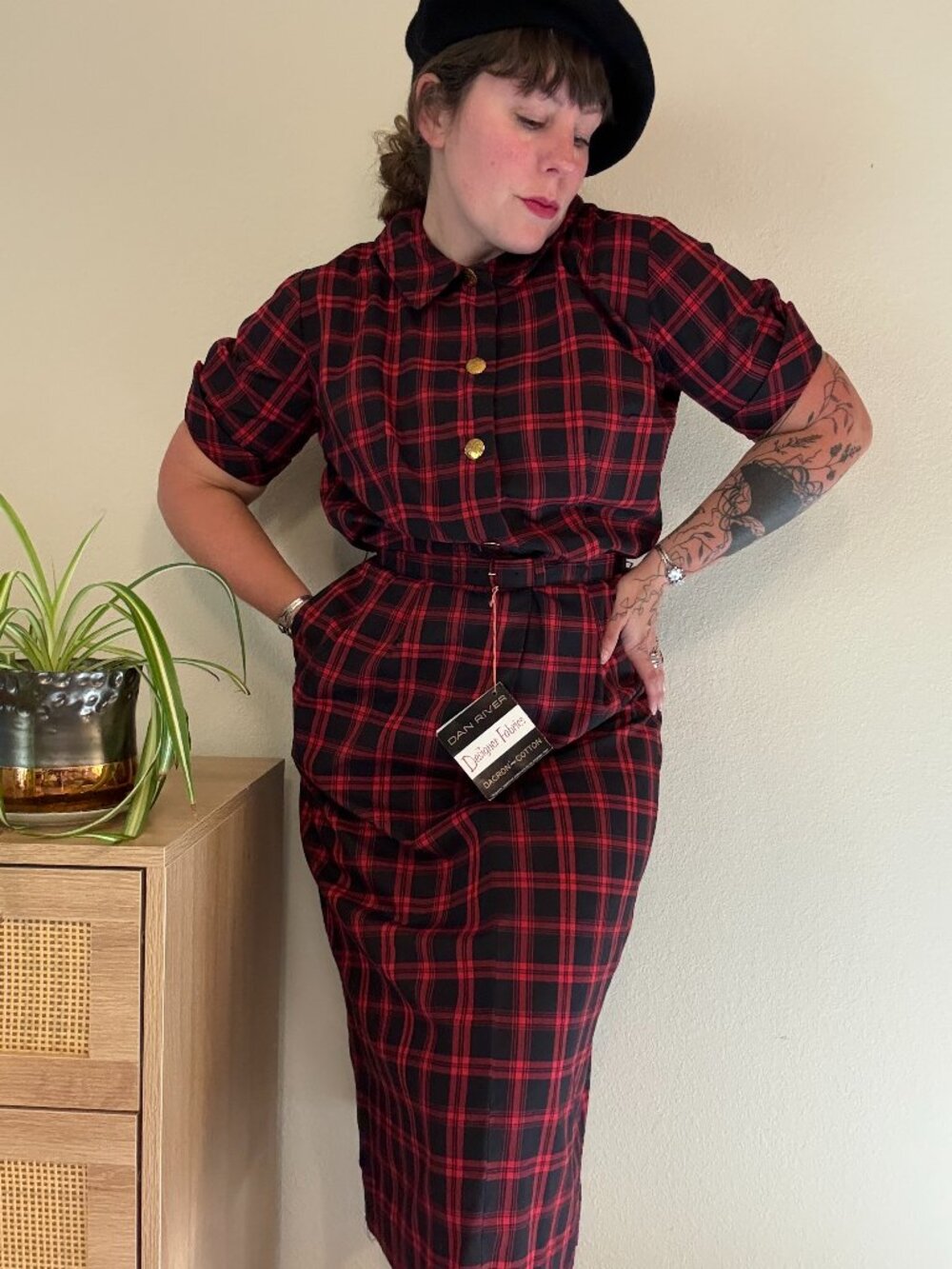 NWT Deadstock Vintage Red Black Plaid Belted Dress Meg Marlowe